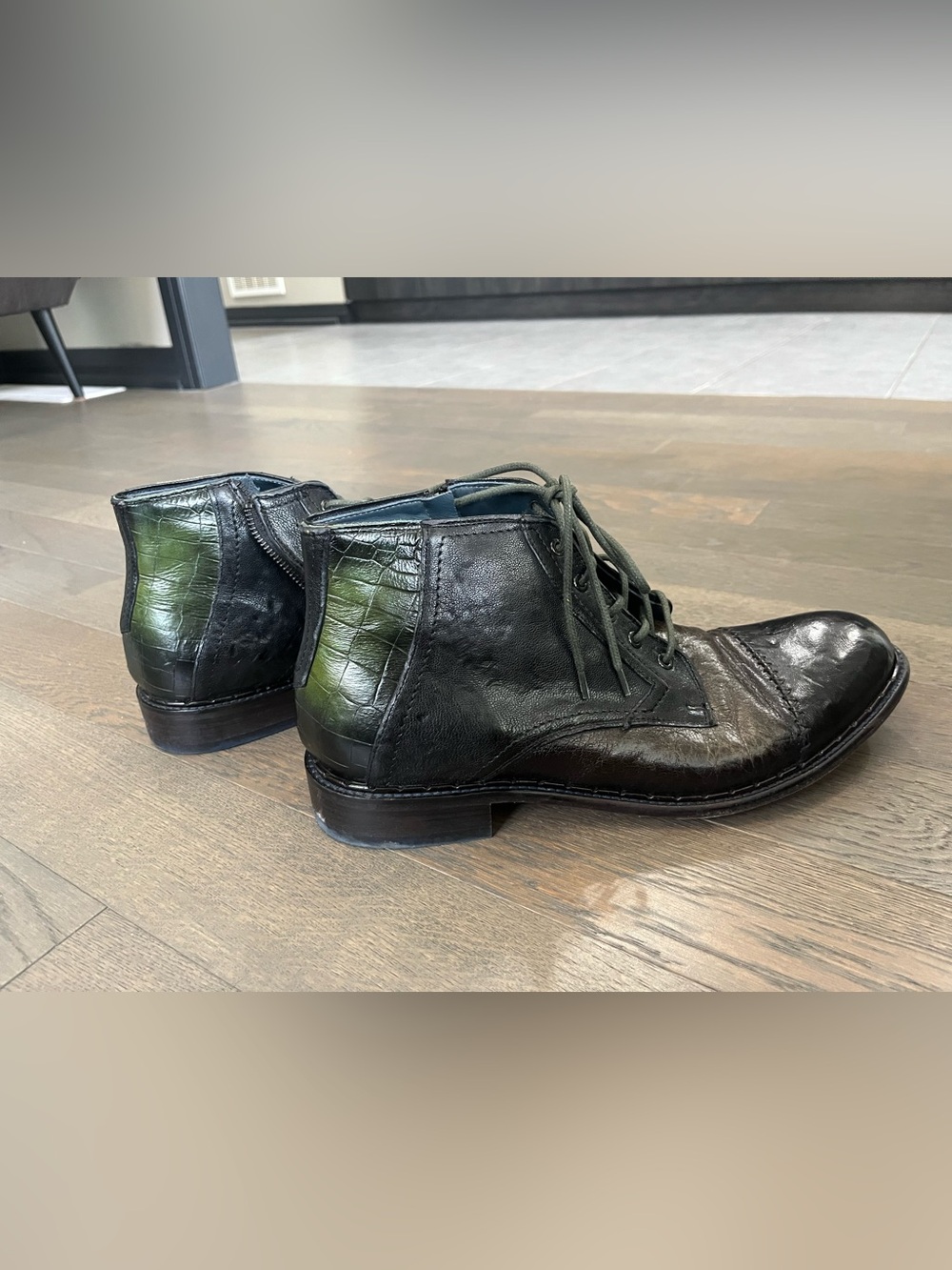 Lorenzi Black Leather Chukka Boots with Green Accents